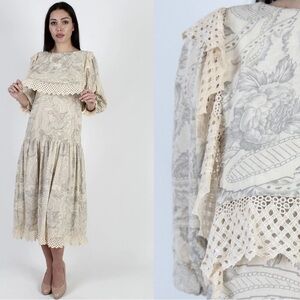 Vtg 1980s Floral Silk Dress Boho Southern Cottagecore Victorian Puffed Sleeve